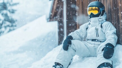 Modern snow suit and snowboard leaning against a snow-covered cabin wall under soft winter light