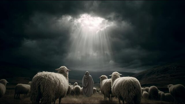 Shepherds observe heavenly light as an angel appears above their flock in a tranquil field at dusk