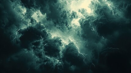 Dark stormy clouds with lightning bolts.