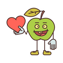 Apple character holding heart and smiling