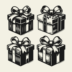 Black and white flat vector set of gift boxes with ribbons and bows. Perfect for holiday, birthday, Christmas, and celebration-themed designs.