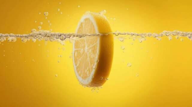 Fresh lemon slice submerged in water against yellow background  