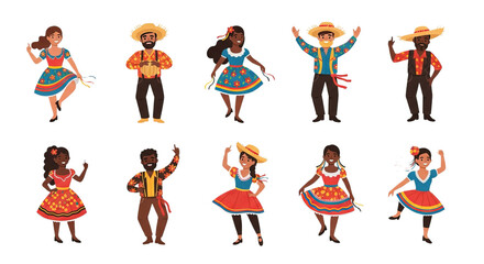 Traditional Brazilian dance moves from Festa Junina showcased by animated characters in flat illustration