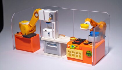 Toy robotic kitchen setup featuring robotic arms preparing food items with miniature utensils