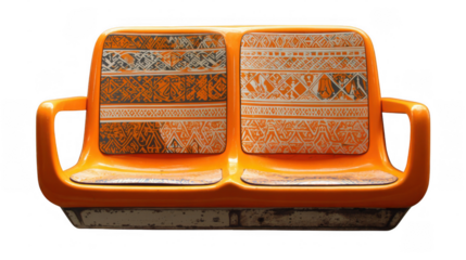 Orange plastic two seater with armrests and stenciled geometric patterns on backrest and seat, isolated on transparent background, representing urban design and public furniture