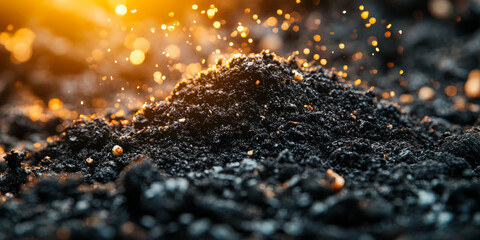 Captivating micro details of moist earth and soil particles illuminated by warm sunlight during golden hour
