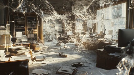 View through shattered glass window into a decaying office filled with cobwebs and scattered files
