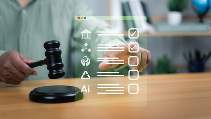 Environmental law and carbon credit regulation concept with green globe, gavel, and eco-friendly icons, representing sustainability, environmental protection, legal frameworks for green initiatives.