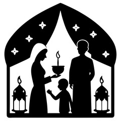 Silhouette of a family enjoying a peaceful moment at home and Eid decorations