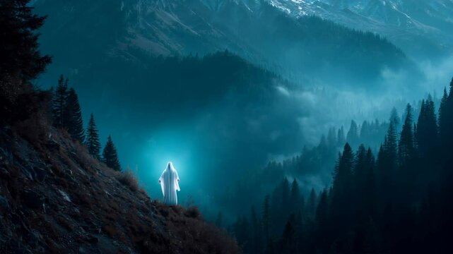 Transfiguration of Jesus with a glowing aura on a mountain top at dawn

