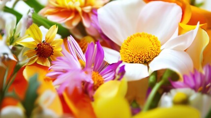 Naklejka premium Vibrant Assorted Flowers Featuring Yellow White Orange and Purple Petals in a Close Up Botanical Arrangement