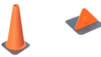 Orange traffic cone and triangle warning sign on a black background.