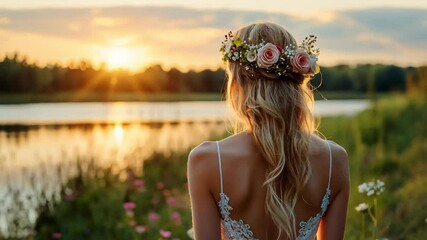 Back view of woman with flower crown enjoying sunset by lake in nature.