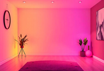 Contemporary interior room with pink and orange lighting featuring decorative elements and a rug