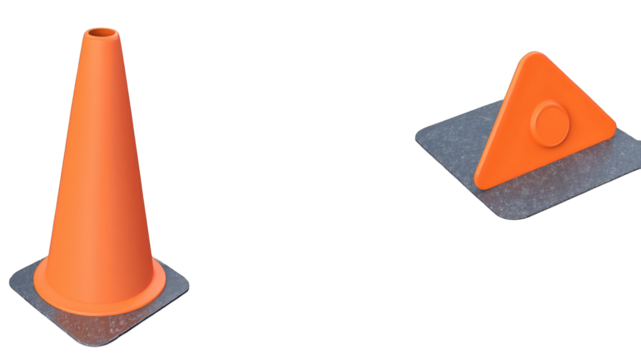 Orange traffic cone and triangle warning sign on a black background.