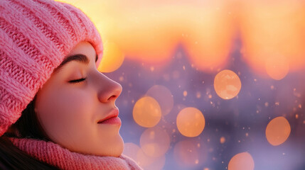 Photorealistic image of person feeling hopeful, wearing pink knitted hat, with serene expression against colorful sunset