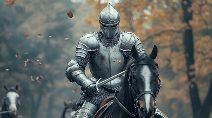 Majestic Charging Knight in Full Armor with Sword and Steed