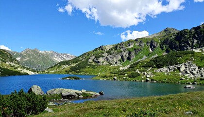 Tranquil alpine lake reflecting the sky and surrounded by verdant mountains