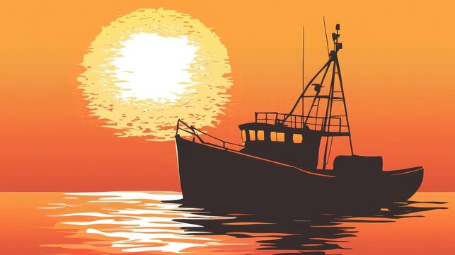 A single fishing boat silhouetted against the orange glow of the setting sun over the sea