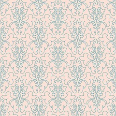 Fototapeta premium Symmetrical Teal Floral Pattern on Light Pink Background for Wallpaper and Textile Applications