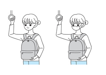 電車に乗る女性のイラストセット