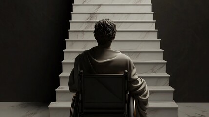 Powerful symbolic illustration of a person in a wheelchair facing stairs, emphasizing inaccessibility and barriers with a thoughtful, realistic tone.


