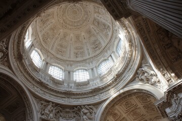 Grand church ceiling view with ornamental dome and architectural details