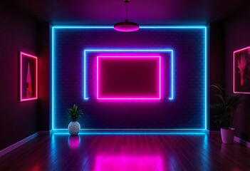 Futuristic room design with neon lights and decorative plants glowing in the dark