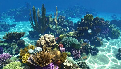 Underwater scene depicting a thriving coral reef ecosystem with sunlight effects
