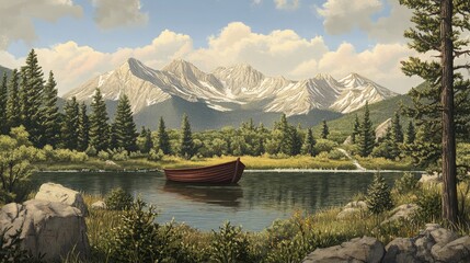 Fishing boat gently swaying in a secluded lake surrounded by snow-capped mountains
