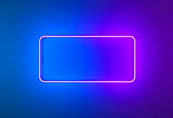 Glowing neon rectangular frame on a gradient blue and purple background for design