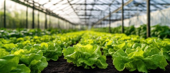 The Lush Green Lettuce Rows Flourishing in a Bright Greenhouse