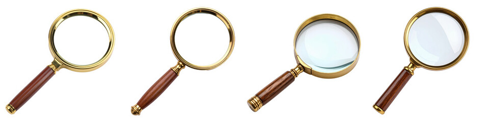 Brass magnifying glass with wooden handle vintage style isolated transparency background, photorealistic and elegant design