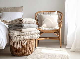 Cozy Scandinavian bedroom corner with a rattan armchair and a knitted throw blanket. Natural woven basket on a jute rug, soft daylight filtering through sheer white curtains. Warm, minimalist interior