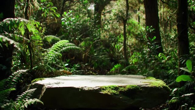 Empty rock table for product display in jungle of Tasmania, Australia. Nature product advertisement concept.