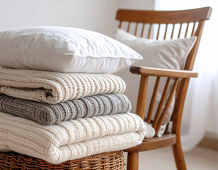 Cozy Scandinavian bedroom corner with a rattan armchair and a knitted throw blanket. Natural woven basket on a jute rug, soft daylight filtering through sheer white curtains. Warm, minimalist interior
