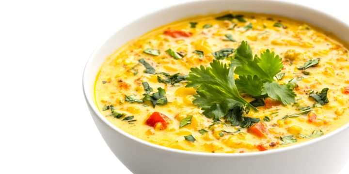 Creamy corn chowder garnished with fresh cilantro in a white bowl Delicious and comforting homemade soup concept for healthy eating and vegetarian cuisine