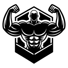 Muscular bodybuilder silhouette in hexagon badge design