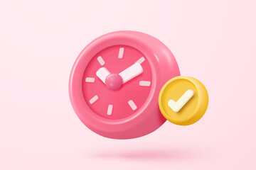 3d alarm clock icon for succress delivery concept. Pink watch minimal design concept of time, service and support around clock. 3d clock icon vector rendering illustration