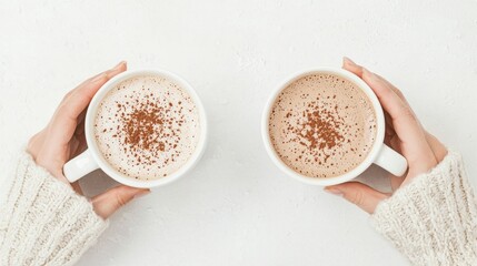 Overhead view of two hands holding mugs of hot chocolate with cocoa powder on top. Cozy winter drink concept.