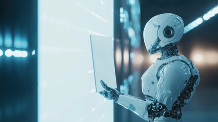 Futuristic Robot Analyzing Data in a Technological Environment