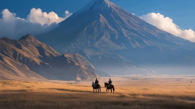 Riding a horse in front of a volcano