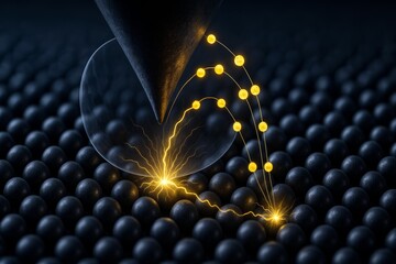 Quantum tunneling illustration. STM tip showing electrons tunneling across surface with glowing yellow particles.