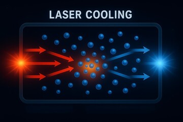 Laser cooling physics concept. Diagram showing red and blue laser beams slowing atoms in quantum experiment.
