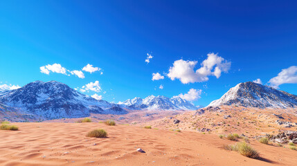 Naklejka premium Stunning landscape featuring vast desert with golden sand dunes, rocky mountains, and bright blue sky filled with fluffy