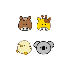 Set of vector animal faces. Illustrations of cute animal heads. Smiling animals. Children cartoons. set of Vector Kawaii animals.