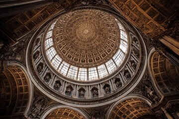 Inside view of a grand church's dome ceiling, ornate and majestic architecture
