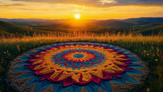 Vibrant mandala art in nature at sunset. Landscape with colorful mandala.