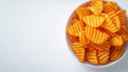 Fototapeta premium A plate of perfectly fried, crinkly fries placed on a pure white background, with ample room for branding or caption. 