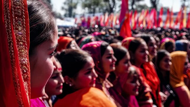Vibrant cultural parade with joyful participants in traditional attire